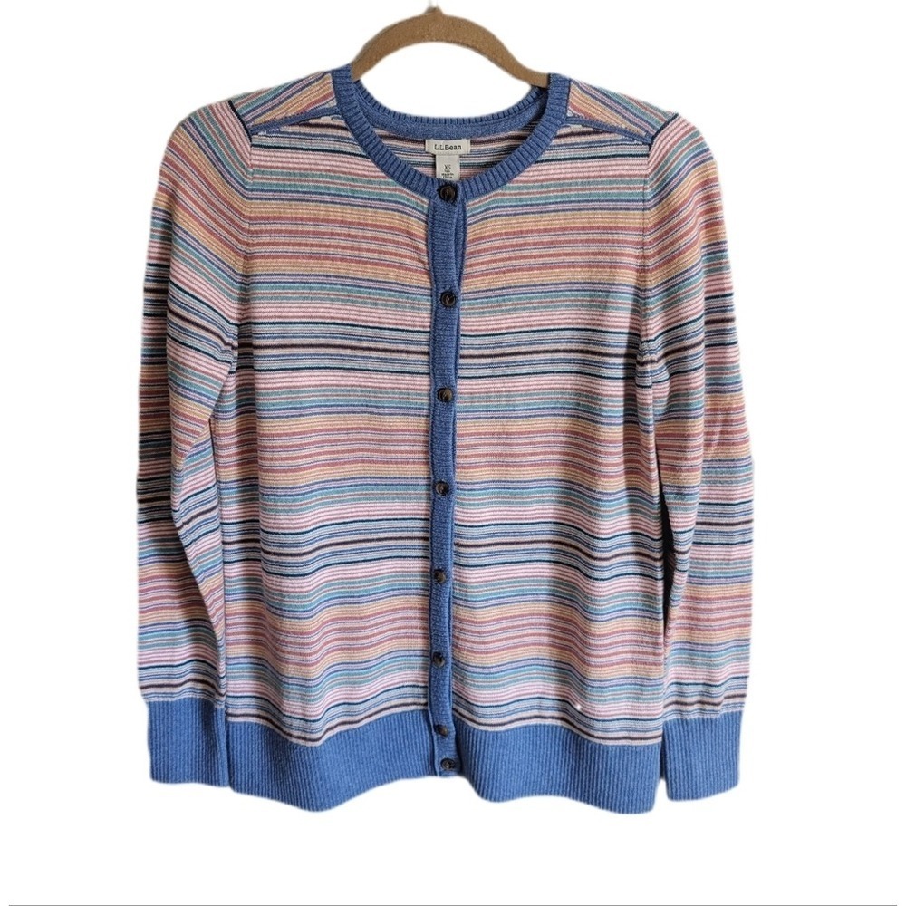 LL Bean Retro Granola Girl Pastel Striped Cashmere Blend Knit Cardigan